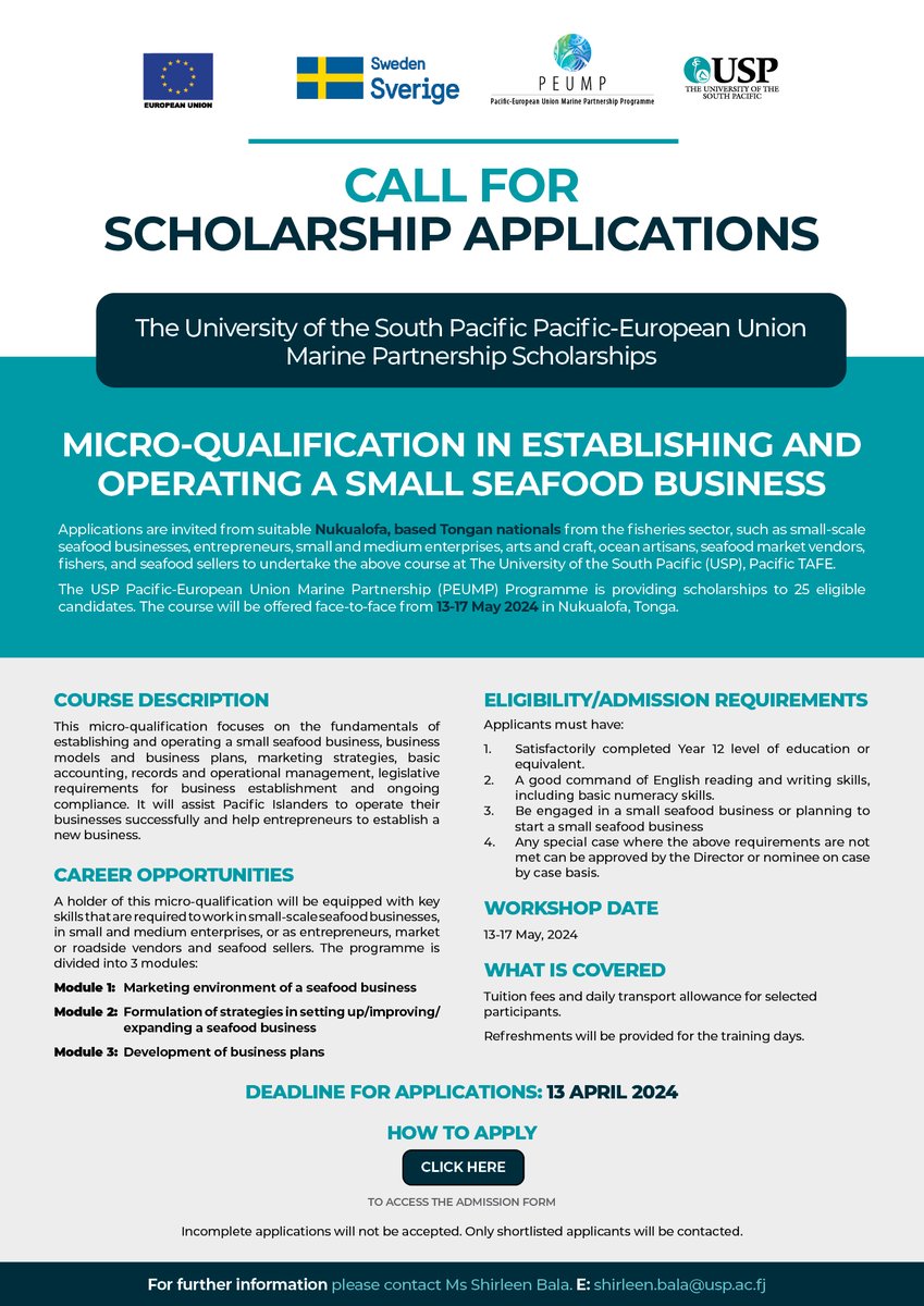 📢Scholarship Alert
🗓️Deadline: 13 April, 2024

The USP PEUMP project is now accepting applications from Tonga nationals living in Tonga for a fully funded micro-qualification training on Establishing and Operating a Small Seafood Business.

Apply➡️: usp.ac.fj/call-for-appli…