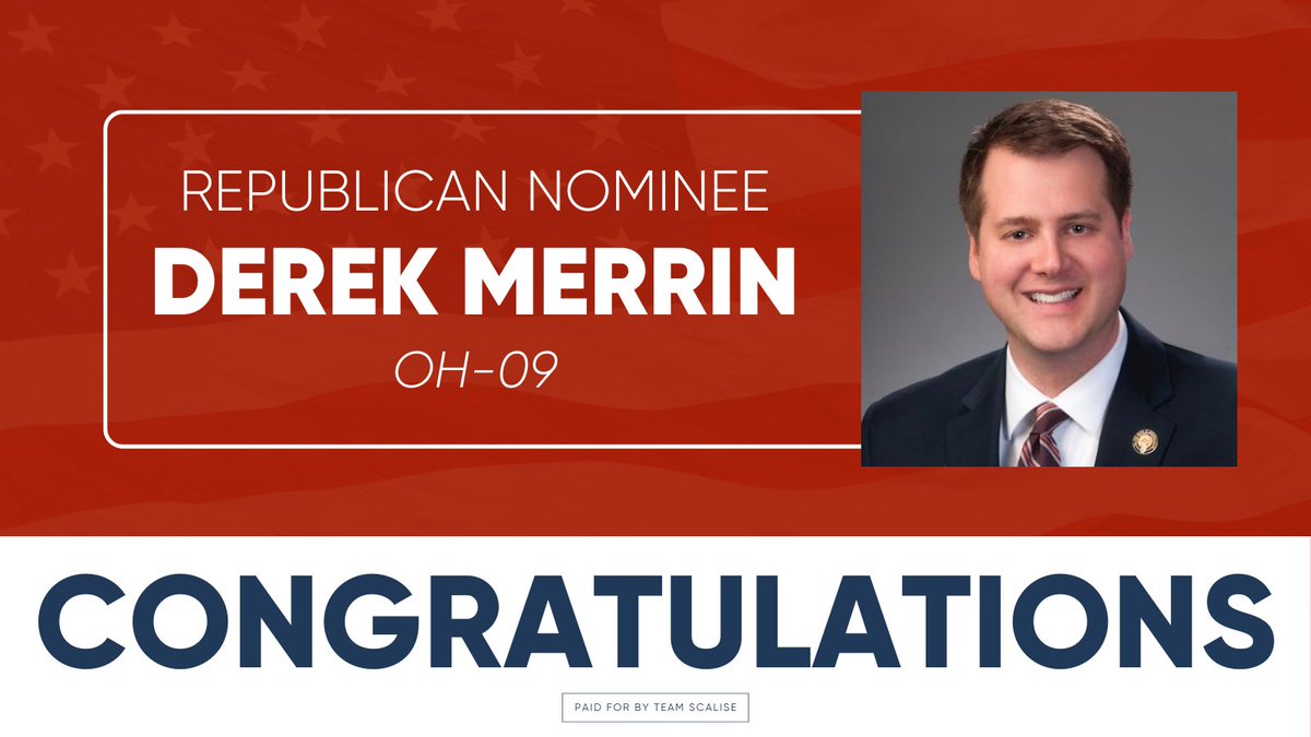 Big win for @DerekMerrin in tonight's primary! Ohioans know Biden's disastrous agenda has failed American families. On Election Day, we'll flip #OH09 red and expand our Majority!