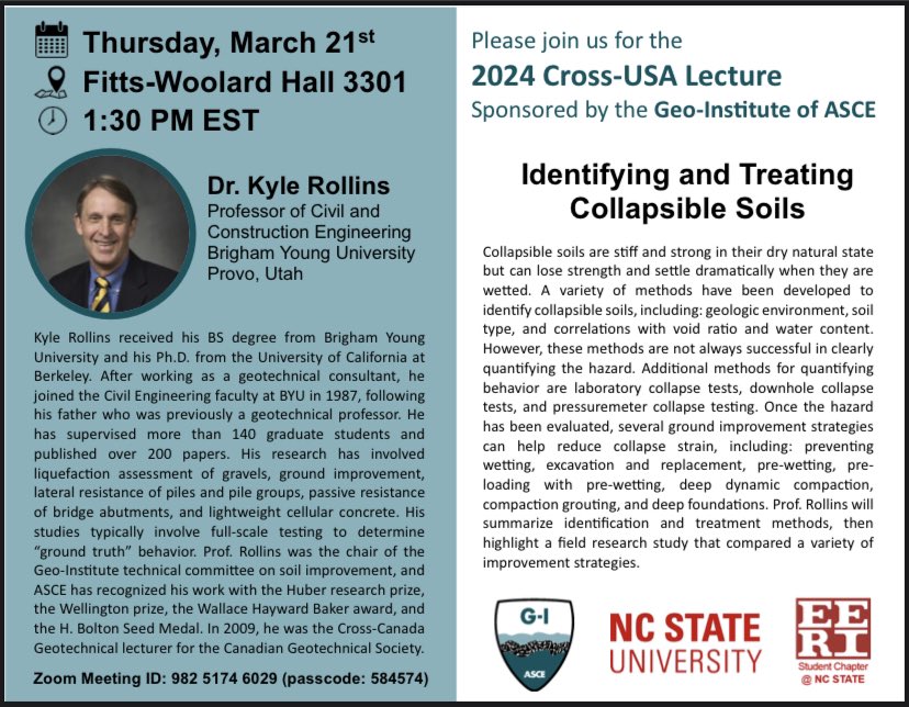 This Thursday <a href="/NCStateCCEE/">NC State CCEE</a>  is hosting THE 2024 Cross-USA Lecture sponsored by <a href="/GeoInstitute/">Ge❄️-Institute ❄️f ASCE ☃️</a> ! Come join us as we learn from Professor Kyle Rollins ‼️🐺
