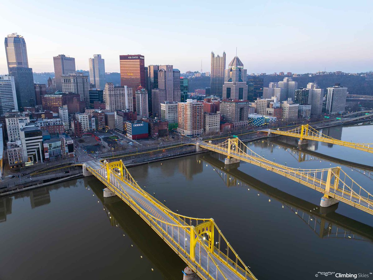 The Three Sisters reflecting on a calm Allegheny during the early morning hours in Pittsburgh. 
 
#dronephotography #pittsburgh #citylife #bridges #climbingskies