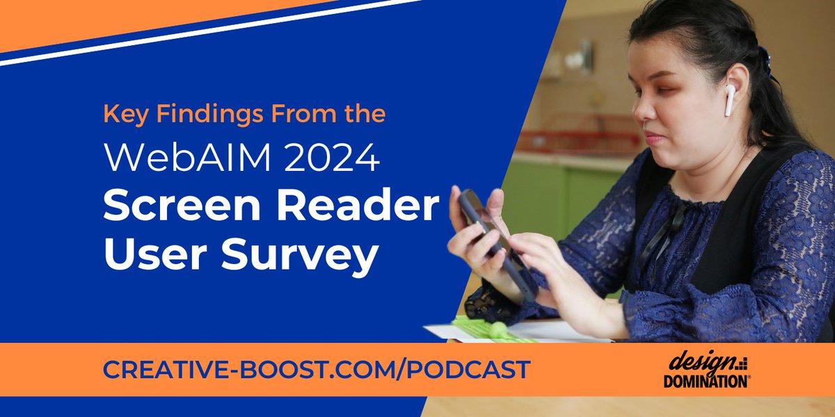 Don't miss our latest episode, where I delve into key insights from the WebAIM 2024 Screen Reader User Survey.

Find out more at creative-boost.com/webaim-2024-sc…

#DesignDomination #WebAccessibility #ScreenReader #InclusiveDesign #Accessibility #webdeveloper