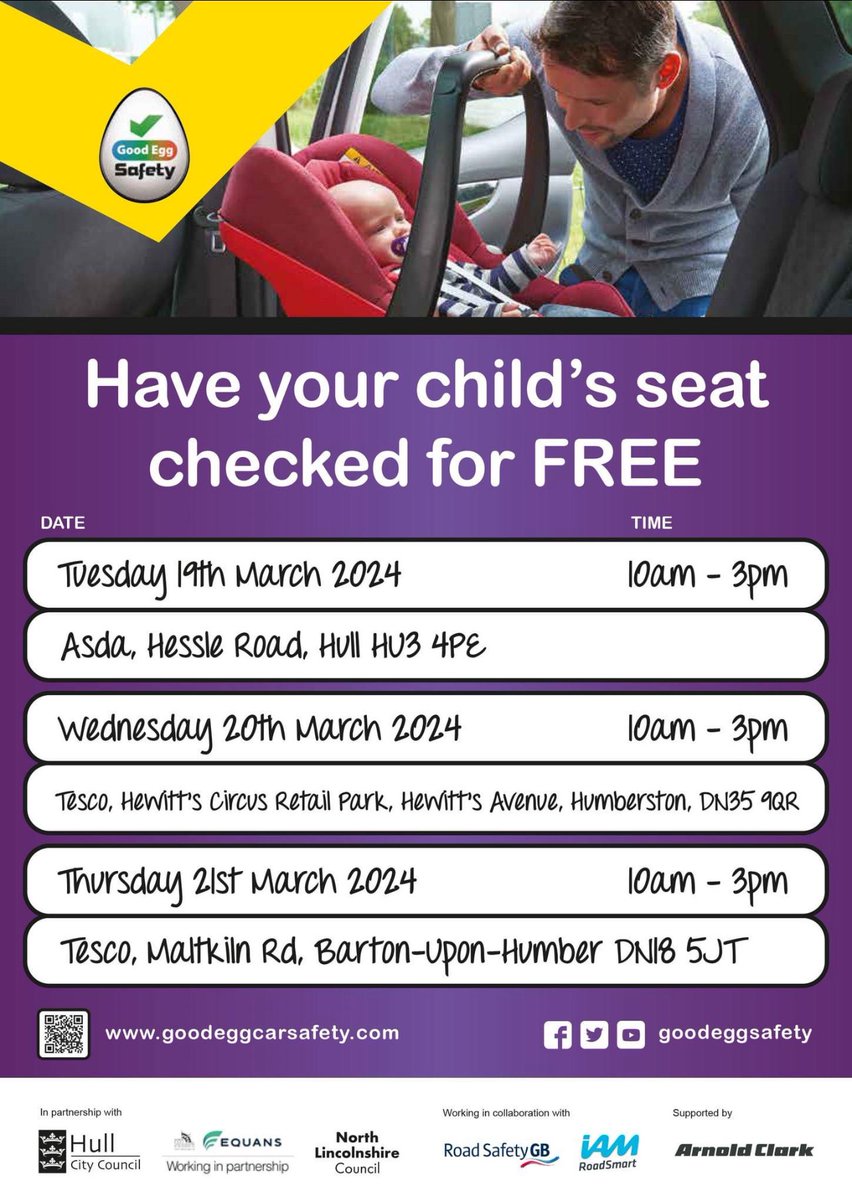 Come and join us for a FREE child seat check which literally only takes a few minutes yet could potentially save your child’s life👇 Working with our friends at Safer Roads Humber 🙌