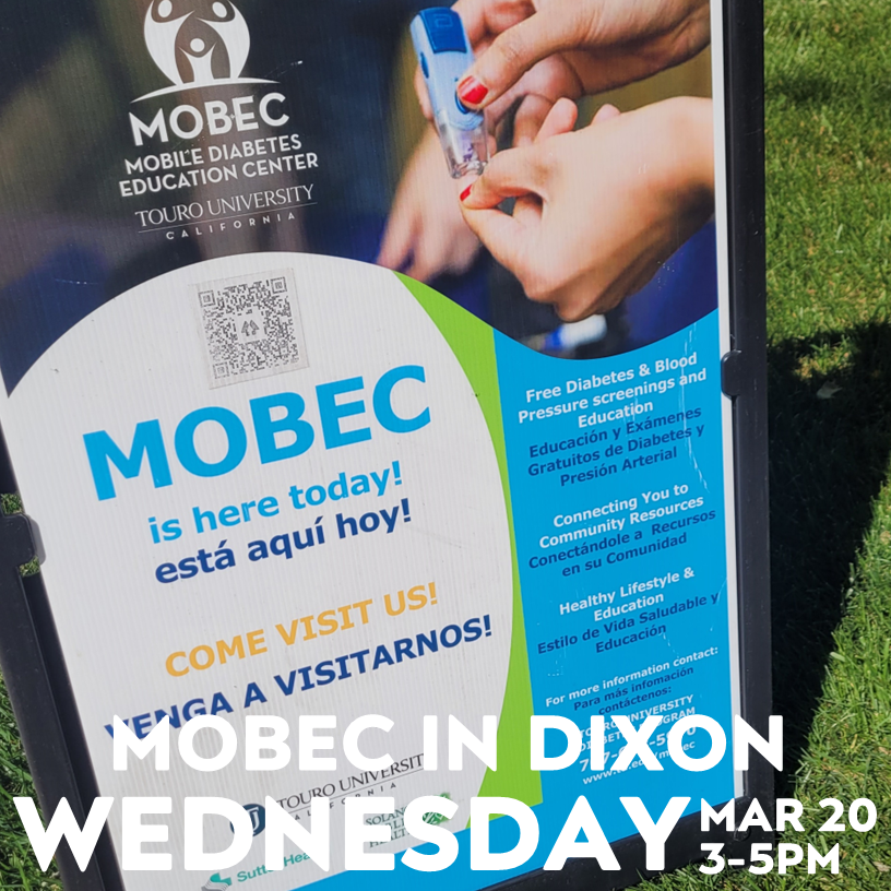 WEDNESDAY! 
#MOBEC at the Solano County Dixon Library!!
FREE services:
👉Diabetes screenings, resources, and education
👉Blood pressure checks, and more! #DiabetesPrevention #DiabetesEducation #DiabetesAwareness #Prediabetes #Diabetes #type2diabetes