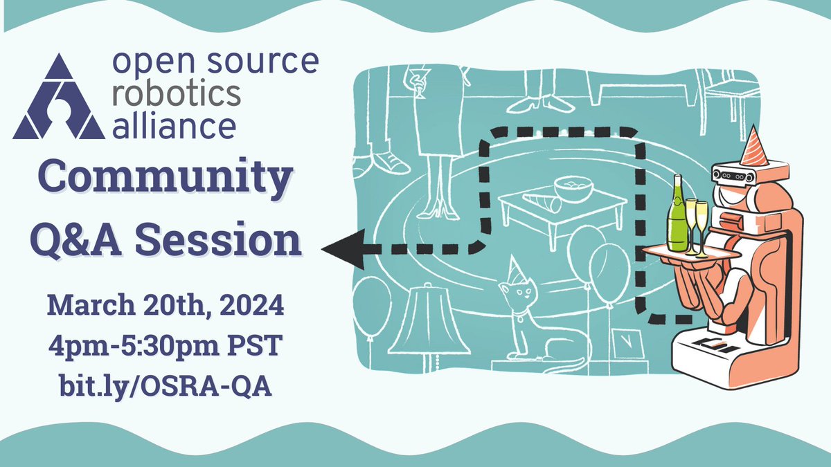 Attention #ROS Community:

Tomorrow (March 20th) at 4pm PST we're holding a live Q&amp;A session with the our CEO Vanessa Yamzon-Orsi and CTO Geoff Biggs regarding the Open Source Robotics Alliance.

All are welcome. Please bring your questions!

bit.ly/OSRA-QA