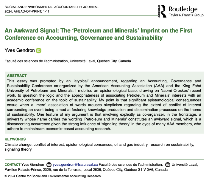 NEW! Discussion in #SEAJ - An Awkward Signal: The ‘Petroleum and Minerals’ Imprint on the First Conference on #Accounting, #Governance and #Sustainability by Yves Gendron @LavalUniversity #CSR #ClimateEmergency #epistemology #signaling @csearUK tandfonline.com/doi/epub/10.10…