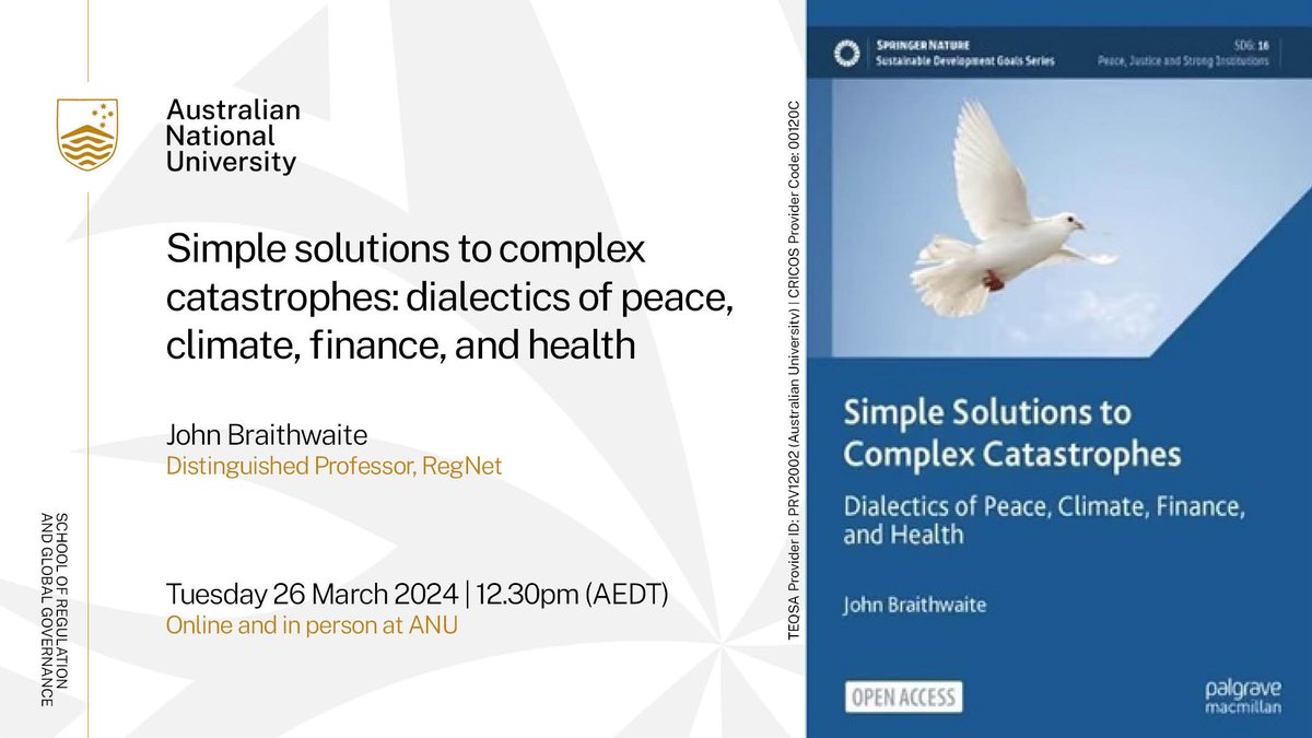 Dialectical method for approaching simple and #complex solutions might prevent extinctions and other complex catastrophes. Join John Braithwaite as he shares more from his latest open-access book, “Simple Solutions to Complex Catastrophes”. More info: regnet.anu.edu.au/event/simple-s…