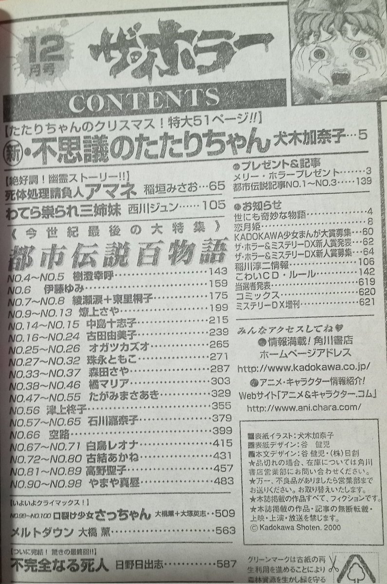 雑誌だが、「ザ・ホラー 2000年12月号」は、一冊で都市伝説が百話読め