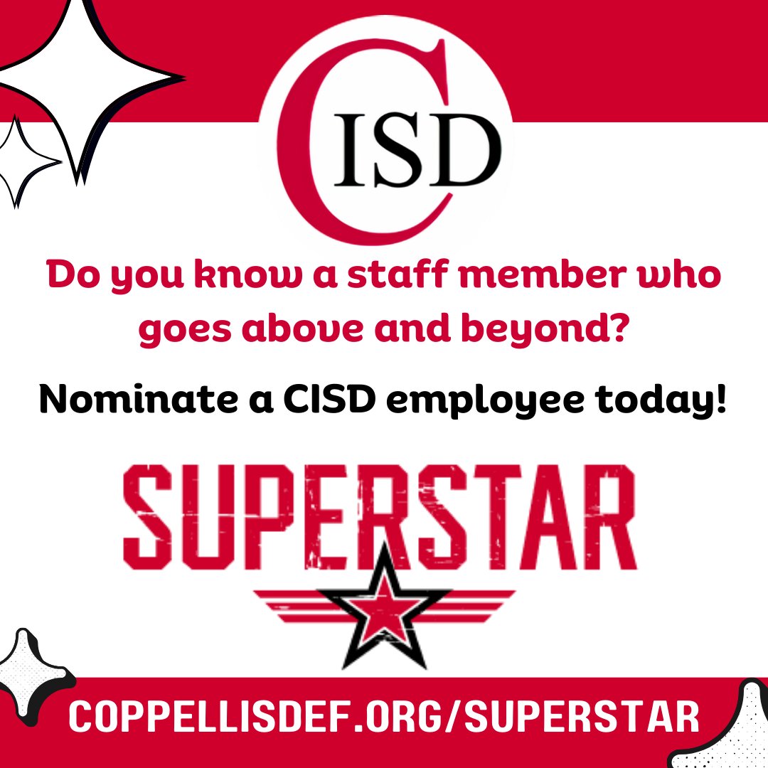 🌟 Do you know a CISD staff member who goes above and beyond? 💪 Don't forget to nominate them for a CEF Superstar Award! ⭐️ There's still time to recognize their hard work and dedication! 🙌 Nominate today: coppellisdef.org/superstar/