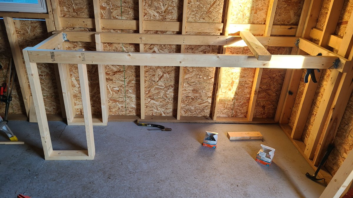 DestructiveBurn's tweet photo. My plan for the inside of my shed.  The first photo is real and unfinished.  The other 3 are the Minecraft version.  From the door in, front right is the tinker station, the back right is the drill press/vise left-center will be an island with a table saw.  Peg board everywhere. https://t.co/N28gi2DAnR