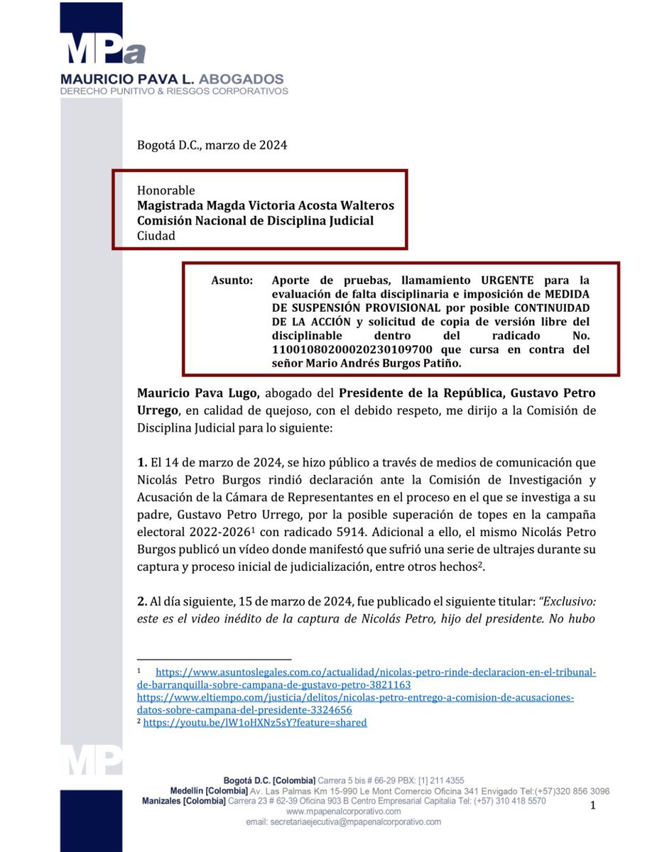 Danielbricen's tweet photo. El presidente Petro que prometió no interferir en la investigación de su hijo Nicolás Petro le acaba de pedir a la Comisión Nacional de Disciplina Judicial que investigue al fiscal que investiga a su hijo.

El discurso de división de poderes era mientras le elegían Fiscal General https://t.co/X2SwHJPaua