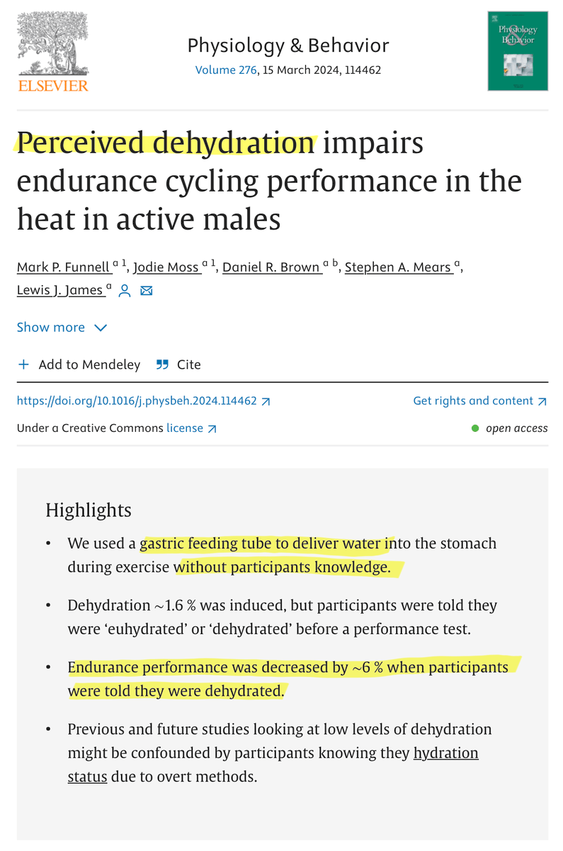 Athletes had impaired performance when they BELIEVED that they were dehydrated … but not when they were ACTUALLY dehydrated. 🤯 Clearly athletic performance has a huge mind-game component. doi.org/10.1016/j.phys…