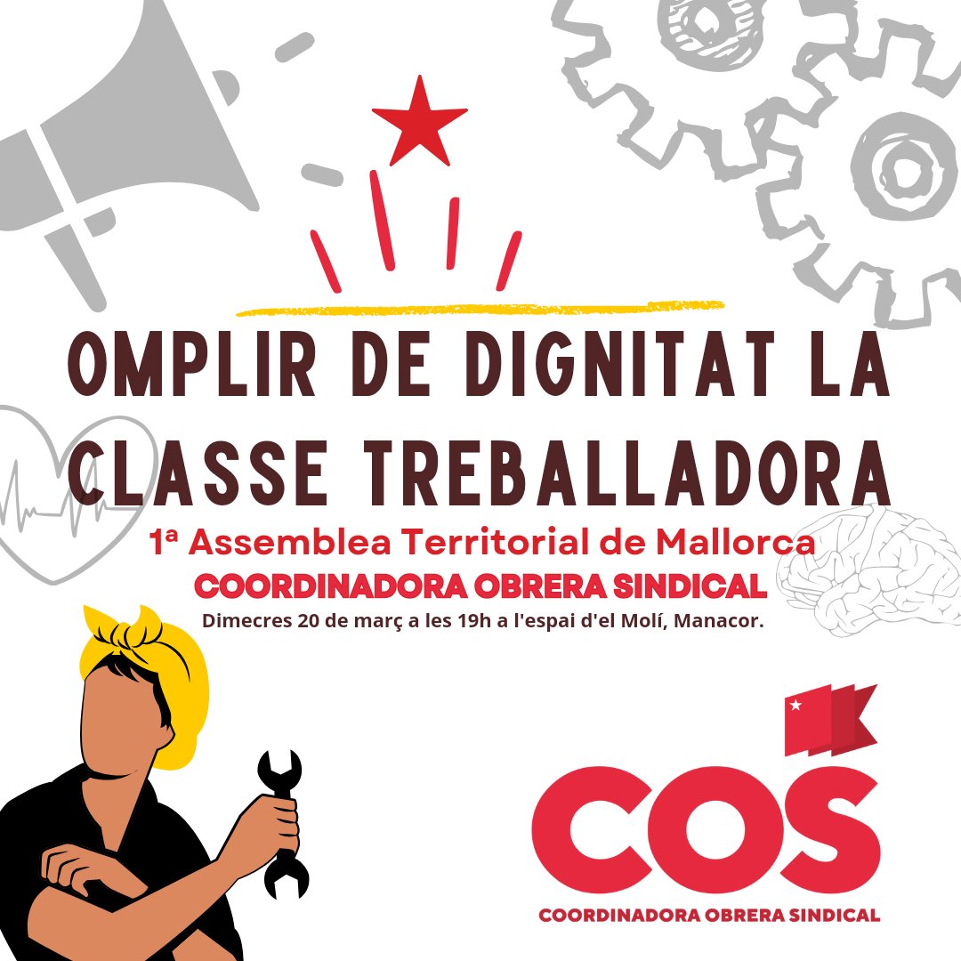 CosSanitatMca's tweet photo. Per omplir de dignitat la classe treballadora las afiliadas de la Coordinadora Obrera Sindical tenim la 1ª Assemblea Territorial a Mallorca.
Us mantindrem informades!🫶
Gràcies pel suport! Comença una nova època en la defensa i l'organització de la classe treballadora a Mallorca https://t.co/Z5mQ8zMExq