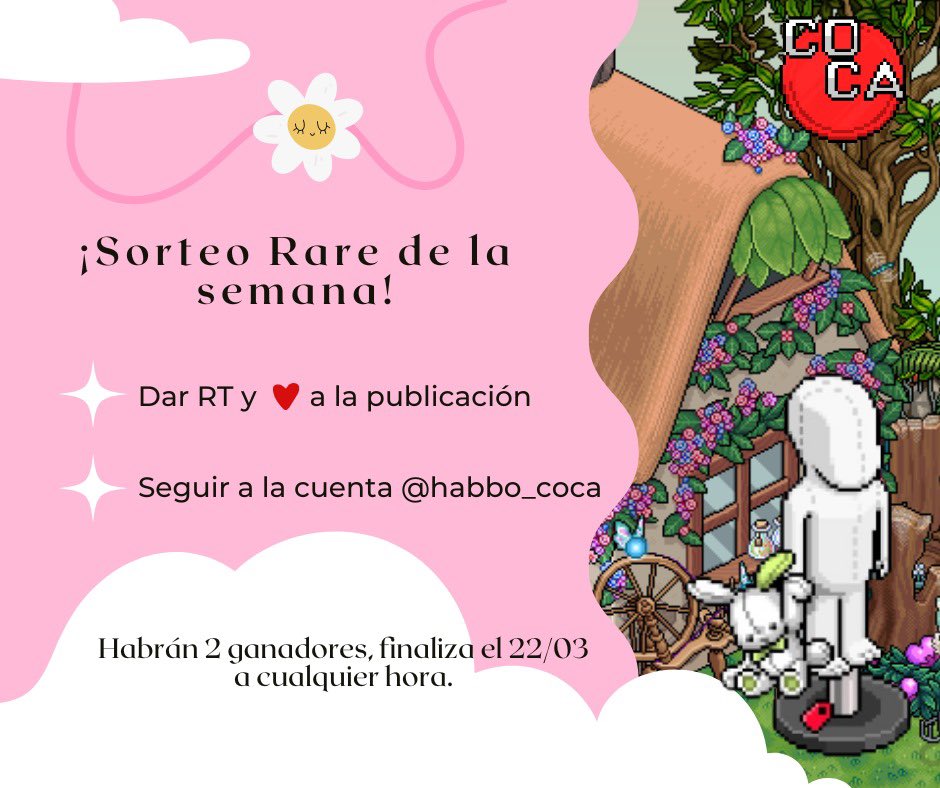 ✨ Sorteo peluche de 🐰✨

Requisitos:

- RT &amp; ❤️
- Seguir a <a href="/habbo_coca/">❤️⭐COCA COLA⭐❤️</a> 

Habrán 2 ganadores, se darán el día 22 a cualquier hora, ¡suerte a todos! 🤍