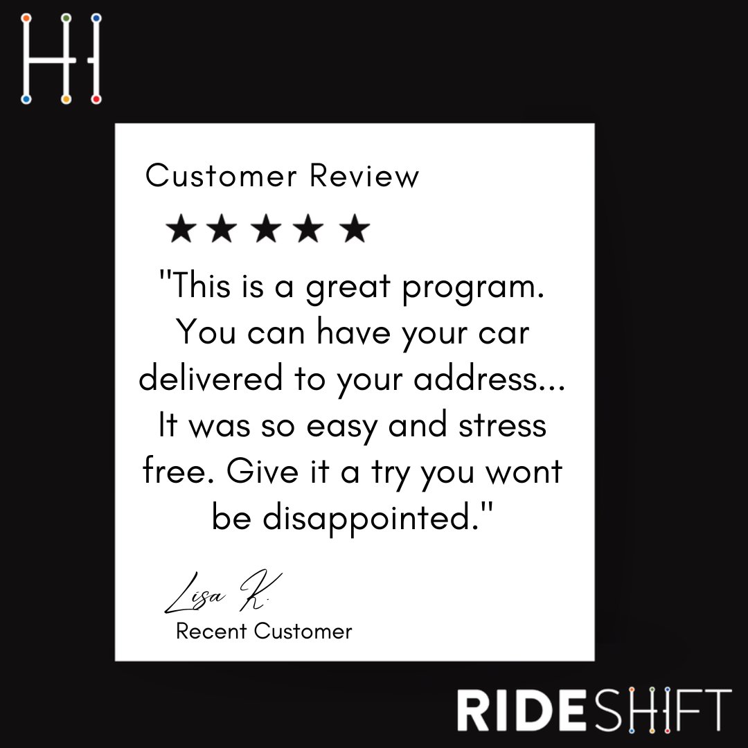 Rideshift's tweet photo. We are thrilled to hear it Lisa! Thank you for sharing the great 5 star review.  We strives to make the car buying process easy and stress free every day!

Anytime. Anywhere. Shop online: https://t.co/IlSdxYvC89

#NationwideDelivery #ShopOnline #CarBuyingMadeEasy #RideShift https://t.co/PRjS4RNyJX