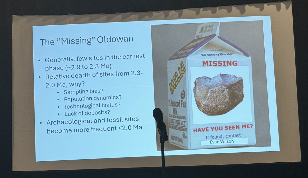 BrianaPobiner's tweet photo. A close second for best graphic goes to Evan Wilson @BioculturalEv - for this milk carton advertisement for the ‘missing’ earliest Oldowan 🤣 https://t.co/wHxRiJX3Xa