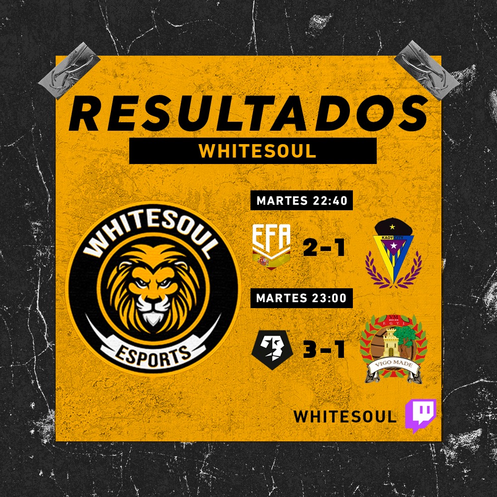 WhiteSouleSport's tweet photo. 🦁 RESULTADOS 🦁

🏆 @EFAesportsSpain
📝 Jornada 2
🆚 @KadyCity
✅ 2-1

🏆 @VFOspain
📝 Ronda 1 Copa
🆚 @VigoMadeOficial
✅ 3-1

#GoWhiteSoul🦁 https://t.co/pSYIPcBO2a