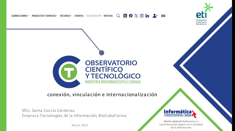 vigintel's tweet photo. 2/2
#Informatica2024
El Observatorio Científico-Tecnológico del sector surgió asociado al Programa Nacional que lidera  @BioCubaFarma y es parte de los proyectos de transformación digital que apoya, desde su experticia, nuestro equipo #Vigintel.
@etibiocubafarm1
#IdeasFrescas https://t.co/muft57HkJH