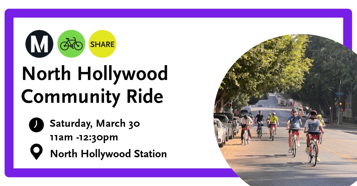 Attn North Hollywood! Join us for our next community ride! This ride in open to all abilities and explores bike lanes and paths near the Arts District. Learn more and sign up today! ow.ly/YAJe50QXfWm