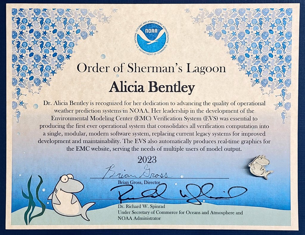 AliciaMBentley's tweet photo. I'm excited to share that I received the NOAA Silver Sherman Award today! 🌎 I did not expect this and am incredibly honored. I hope that the new EMC Verification System (EVS v1.0) helps improve NOAA's operational weather prediction systems for many years to come! 🌐💻 https://t.co/VwuZ7Akg35