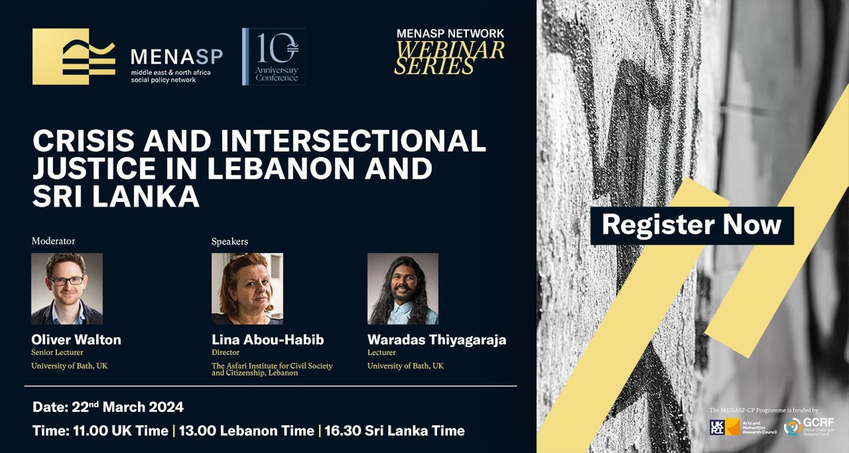 🛎 Join our webinar this Friday chaired by @oliver_walton (@UniofBath), w/ @LinaAH1 (@AsfariInstitute) & @TWaradas (@UniofBath) delving into the pivotal roles of #women & #sexualminorities movements in #Lebanon & #SriLanka. 22/03/2024 11:00AM UK Time us06web.zoom.us/meeting/regist…
