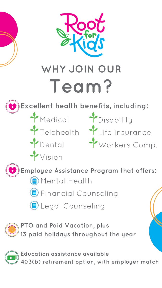 rootforkids's tweet image. We are HIRING! Do you want to make a difference for children in the community and work with children and families? Apply now for the Early Head Start Center-based Coordinator and Family Advocate position in Colorado City, AZ by heading over to our website
rootforkids.org/about/employme…