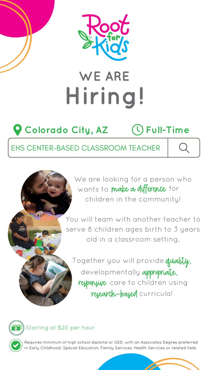 rootforkids's tweet image. We are HIRING! Do you want to make a difference for children in the community and work with children and families? Apply now for the Early Head Start Center-based Coordinator and Family Advocate position in Colorado City, AZ by heading over to our website
rootforkids.org/about/employme…