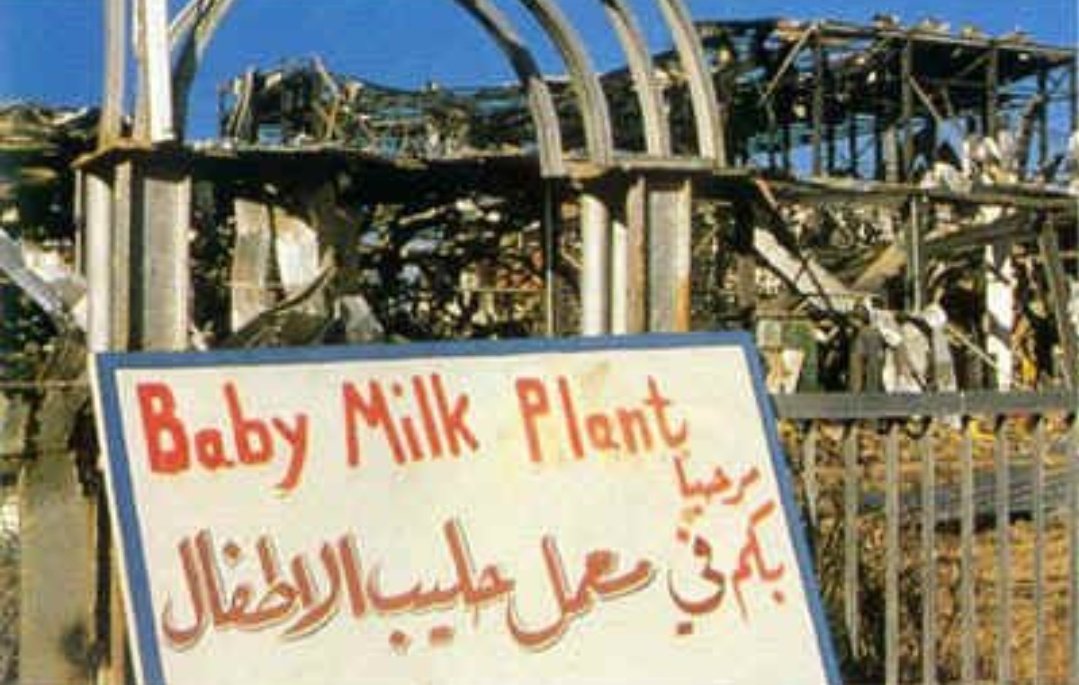 SpiritofLenin's tweet photo. In 1991, the US bombed a baby formula factory in Iraq as part of "Op Desert Storm." The US lied, saying it was a biological weapons facility,  when really it was the only source of infant formula food for children one year and younger in Iraq.

Birds of a colonial feather https://t.co/rfKJ7QJMSe