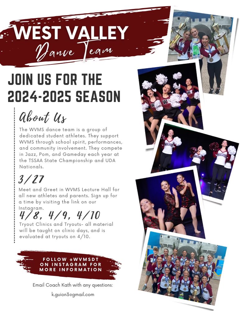 Rising 6th graders….West Valley Dance Team Interest Meeting next week! #westvalleydance @lottspto