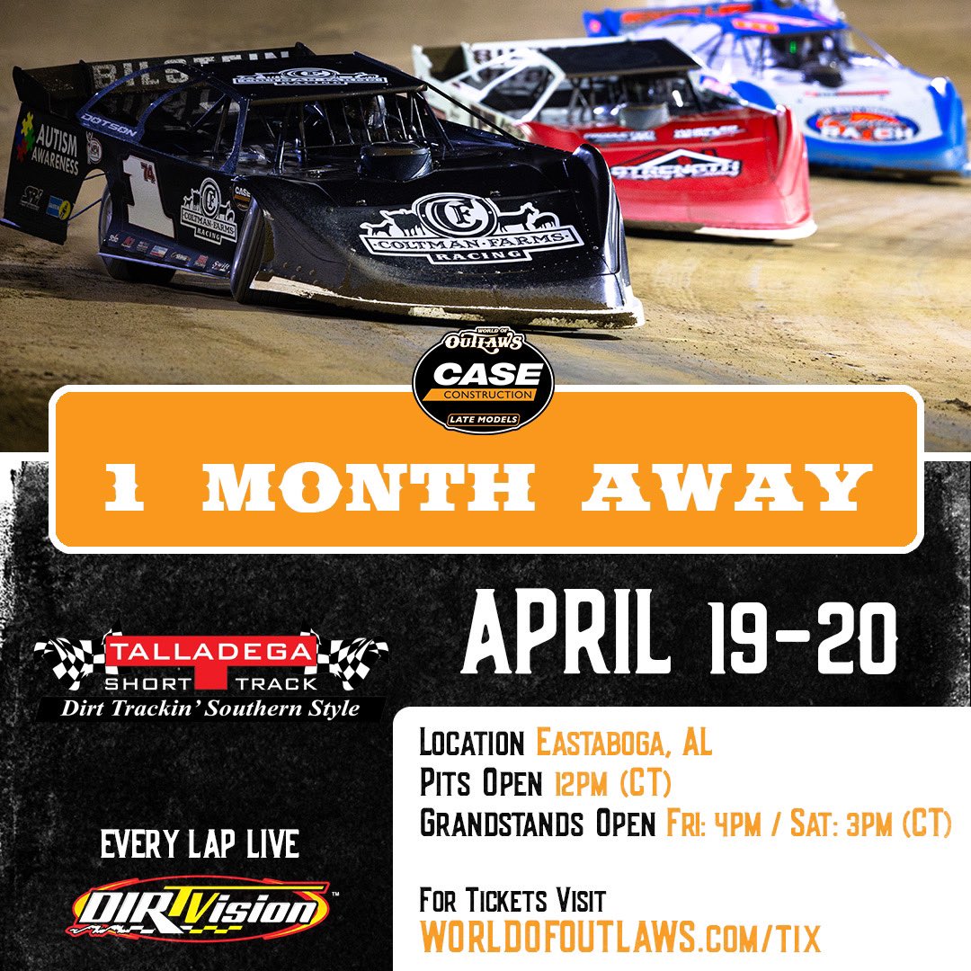 We’re gonna have a lot of fun in 𝐎𝐍𝐄 𝐌𝐎𝐍𝐓𝐇 😎 The World of Outlaws @CaseCE Late Models head to @tsthornetsnest for the 2nd Alabama Gang 100, April 19-20! The night before, the Series visits the awaited debut of Thunderhill Raceway, April 18. 🎟️ bit.ly/WoOLMTix