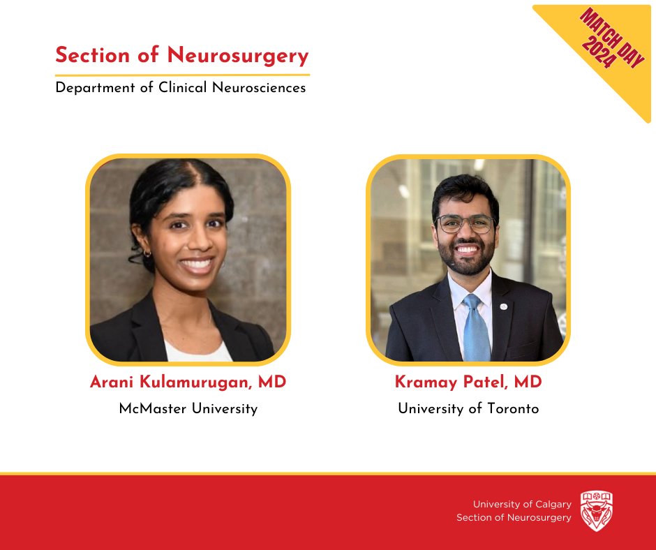 cgyneurosurg's tweet photo. We're pleased to introduce the newest residents of the @UCalgary Neurosurgery Residency Program!

A big congrats to:
Arani Kulamurugan from @McMasterU 
Kramay Patel from @UofT 

Welcome to the team!

#MatchDay2024 @yycneurosurgery @UCalgaryMed 
@aranikula @Kramayp https://t.co/dgzBDhWYPV