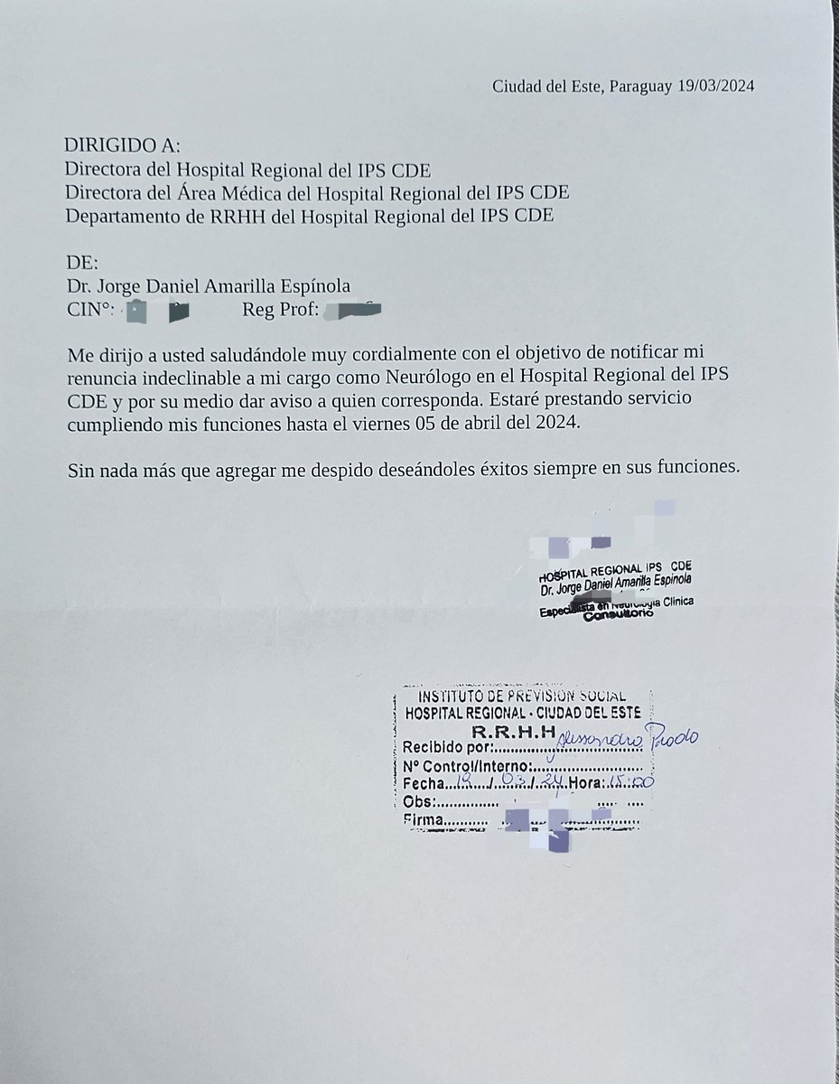 Otra vez renuncio al IPS pero esta vez al HR del IPS de Ciudad del Este. Por mal ambiente laboral creado por las autoridades, falta  de medicamentos y el que recibía el descargo de los pacientes era yo, sobrecarga en la cantidad de pacientes agendados para la especialidad.
