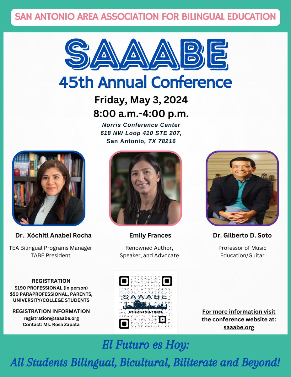 SAAABE is accepting proposals for the 45th Annual Conference! El tema es: El futuro es hoy! ALL students Bilingual, Bicultural, Biliterate and Beyond! NOTE: Lead presenter attend for free! Submit by March 31st at proposals@saaabe.org Info at: saaabe.org
