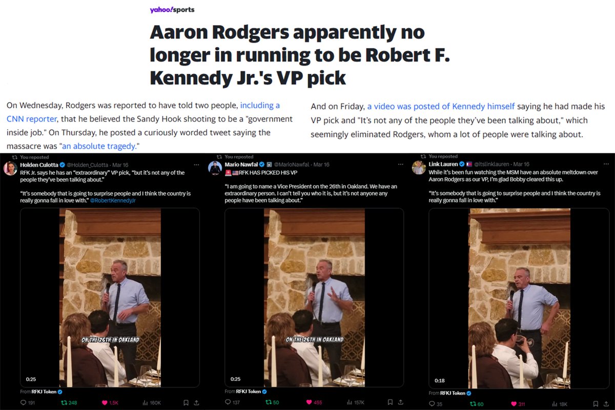 🔥 WE BROKE THE NEWS ABOUT RFK'S VP PICK 🔥

The story got picked up by:
-YAHOO NEWS
-RFK'S CAMPAIGN ADVISOR
-LEADING POLITICAL X ACCOUNTS
-<a href="/MarioNawfal/">Mario Nawfal</a>

$RFKJ is MAKING A DIFFERENCE.