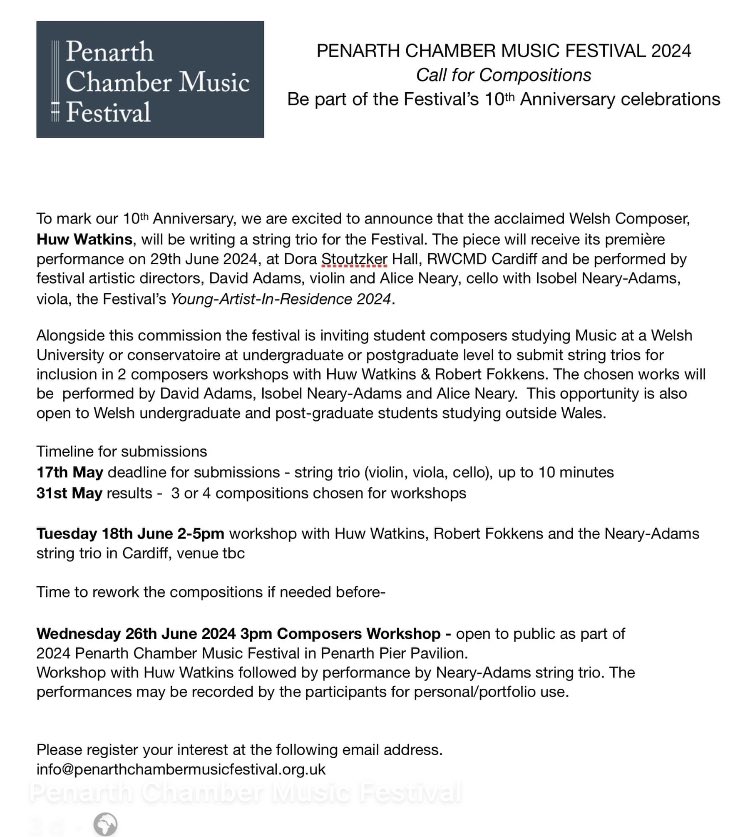 Call for submissions for string trios! From Welsh university music students, and all music students studying at Welsh Universities. The chosen pieces will be performed by  David Adams Alice Neary &amp; Isobel Neary-Adams in a workshop with Huw Watkins &amp;Robert Fokkens
Deadline 17 May.