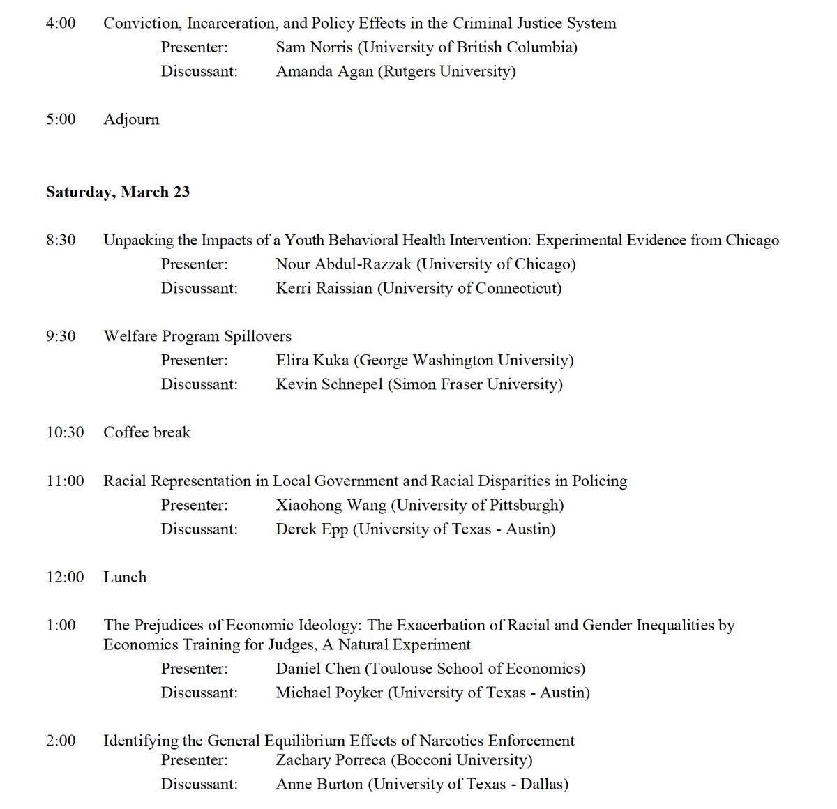 I'm so looking forward to attending the Texas Economics of Crime Workshop (TxECW) this Fri &amp; Sat! 

Huge thanks to <a href="/DrJPCunningham/">Jamein P. Cunningham</a> &amp; Cody Tuttle for organizing. 

Check out this terrific program: