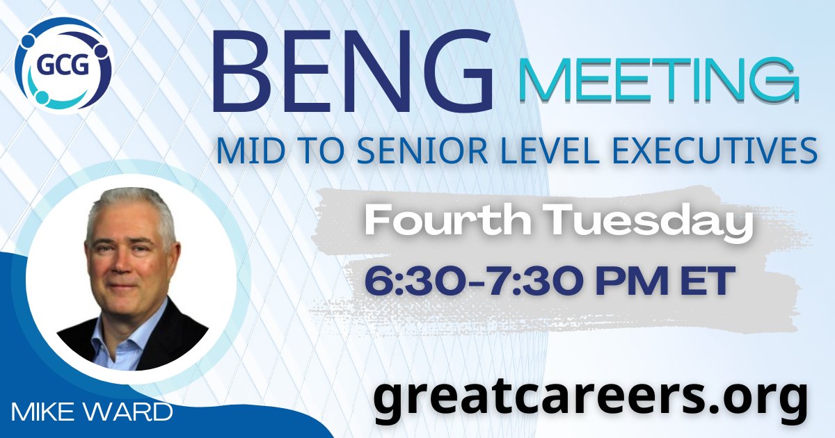 Business Executives Networking Group (BENG) & Guests meeting, hosted by chapter leader Mike Ward

Tuesday, 3.26 | 6:30-7:30 PM ET

Register for Zoom greatcareers.org/events 

➡️ Follow #GreatCareersPHL

#executivejobsearch #executives #networking #businessmeeting #leadership