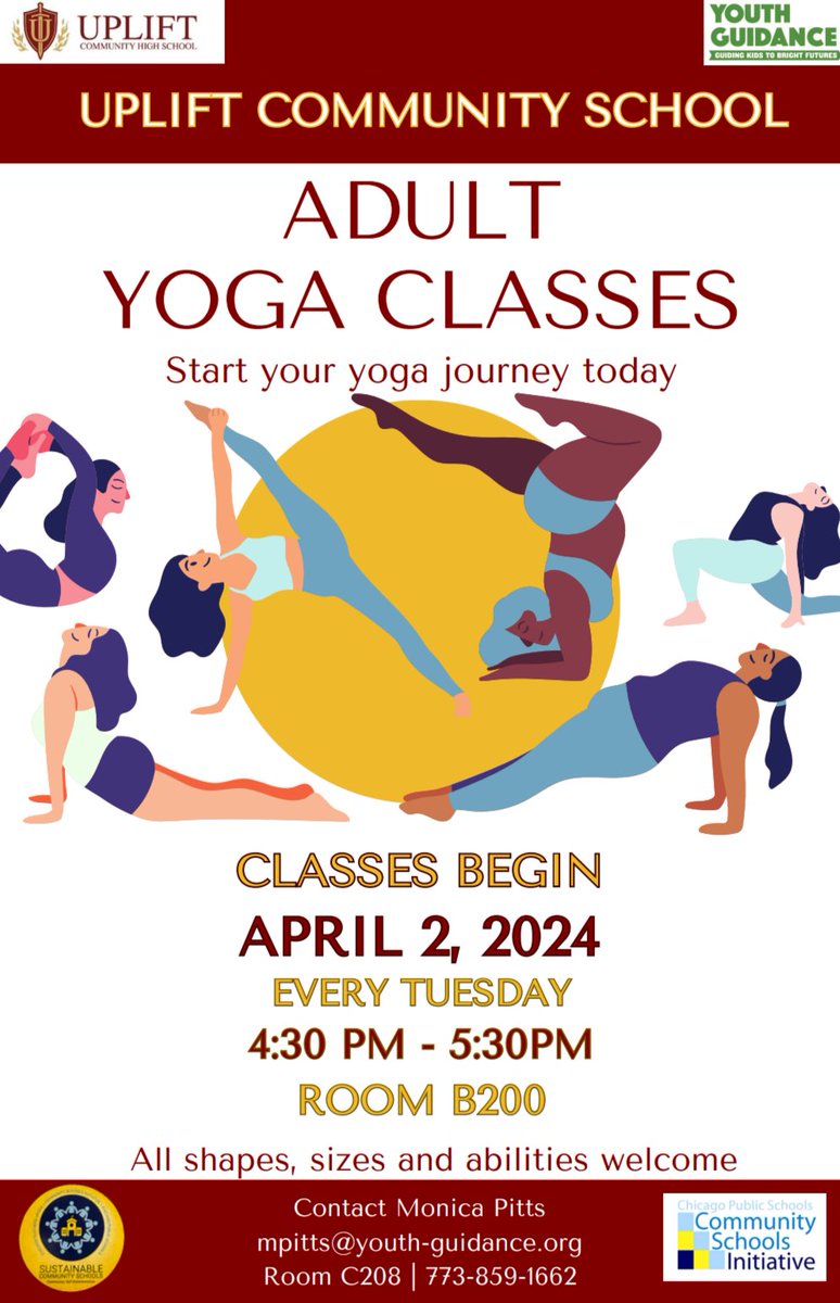 Check out our Adult Yoga Classes 🧘🏾‍♀️ @YG_Chicago @FriendsOfUplift @UptownUpdate @ChiPubSchools @CISofChicago @TheFundChicago @CpsLeaders @network14cps