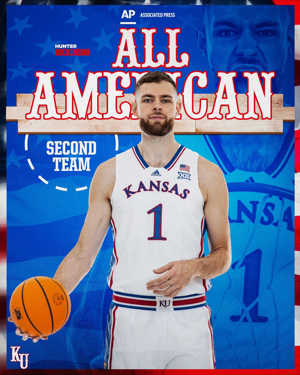 KUHoops's tweet photo. Our AP All-Americans 👇

🔴 Hunter Dickinson: Second Team
🔵 Kevin McCullar Jr.: Honorable    Mention https://t.co/wUFklOJfZy