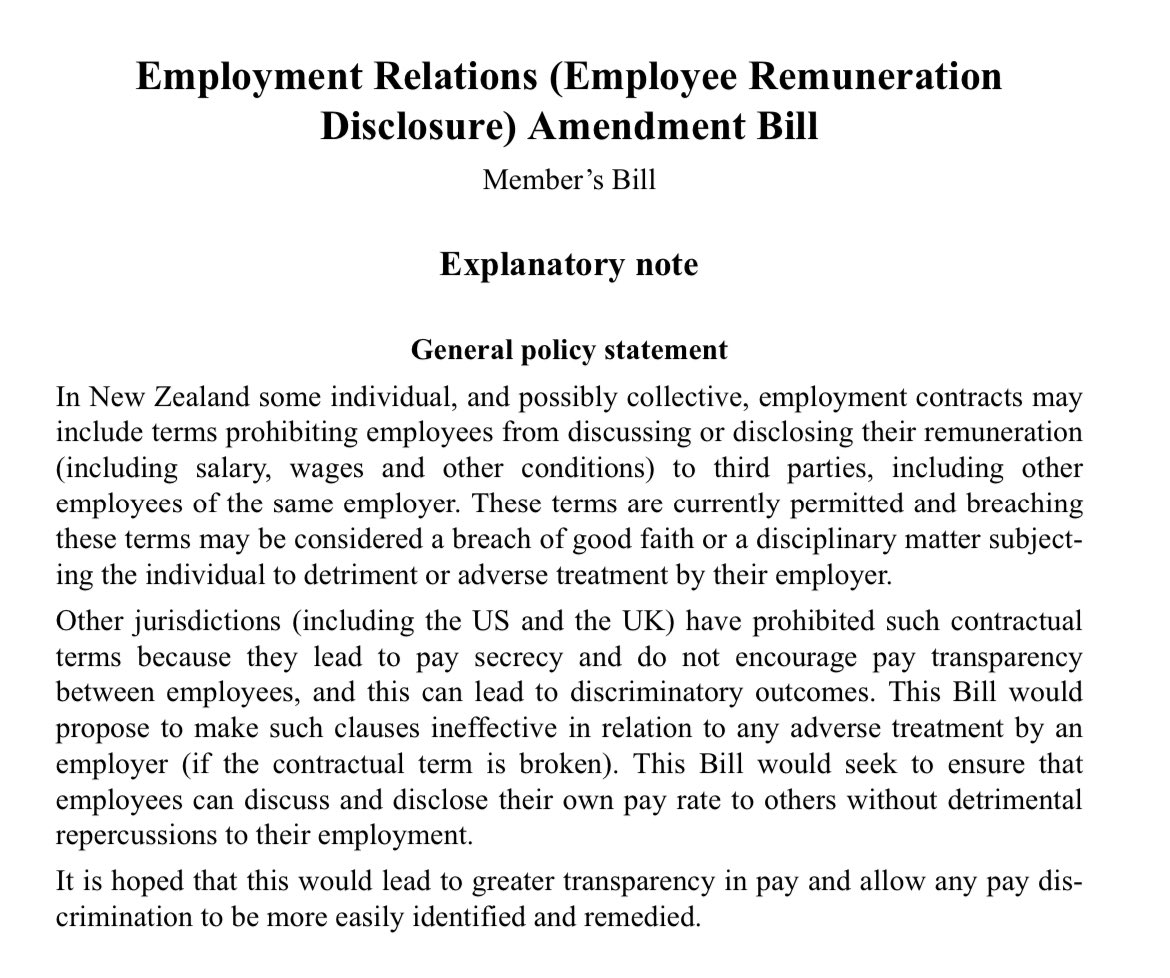 Hugo Murphy (@hugomurphy00) on Twitter photo This is a really cool piece of legislation
Banning pay secrecy clauses in employment contracts promotes -
✅ Transparency ⚖️
✅ Collective bargaining 💪
✅ Equal pay for equal work 🟰
Congratulations <a href="/Camilla_Belich/">Camilla Belich MP</a> <a href="/nzlabour/">New Zealand Labour</a> This is a really cool piece of legislation
Banning pay secrecy clauses in employment contracts promotes -
✅ Transparency ⚖️
✅ Collective bargaining 💪
✅ Equal pay for equal work 🟰
Congratulations <a href="/Camilla_Belich/">Camilla Belich MP</a> <a href="/nzlabour/">New Zealand Labour</a>