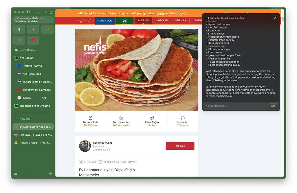 No more trying to find an English recipe for authentic ethnic food.

1. Use Arc browser by <a href="/browsercompany/">The Browser Company</a> 
2. Type in <name of dish> <translated word for "recipe" in ethnic language>
3. Click the first result
4. Ask for summary and ingredients list

🤯 😋