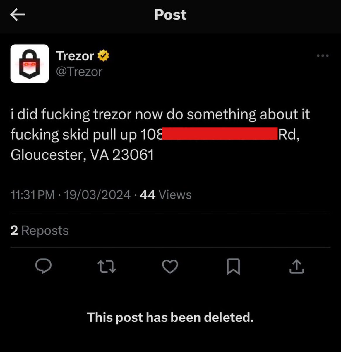 Imagine hacking the Trezor account only to steal $8.1K (includes 25% drainer fee)

0x16384f846c2ac7a10cd5d2353e59ae9d635cbc9f