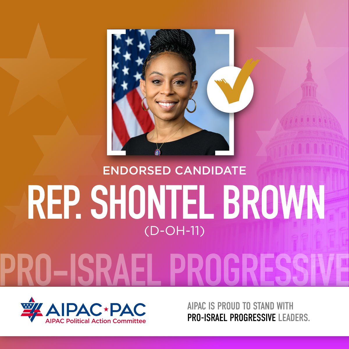 Congratulations to AIPAC-endorsed @RepShontelBrown on your primary election victory! AIPAC is proud to stand with pro-Israel progressive leaders who help strengthen and expand the U.S.-Israel relationship. Being pro-Israel is good policy and good politics.