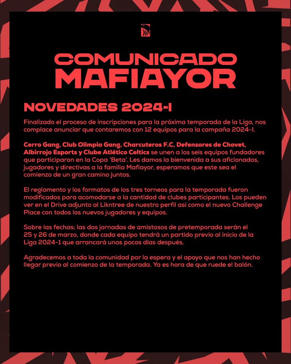 MAFIAYOR_ok's tweet photo. 𝘾𝙊𝙈𝙐𝙉𝙄𝘾𝘼𝘿𝙊 | Novedades 2024-1.

Bienvenidos a la primera temporada de la Liga Mafiayor. 👋 https://t.co/sKY4RSb0ah