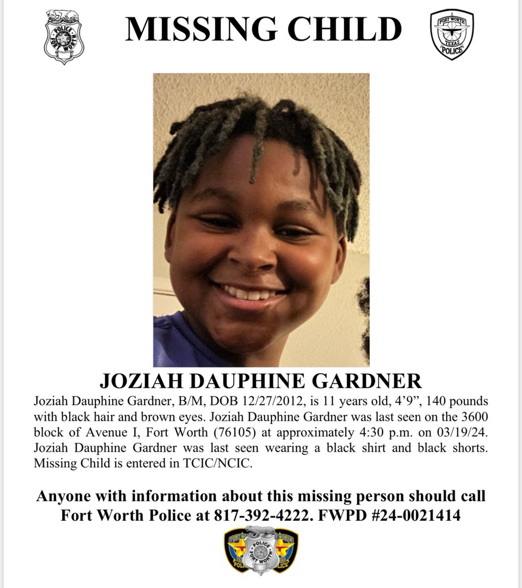 fortworthpd's tweet photo. #MissingChild - #PleaseShare 

11-year-old Joziah Dauphine Gardner https://t.co/Tf8gasGKQc
