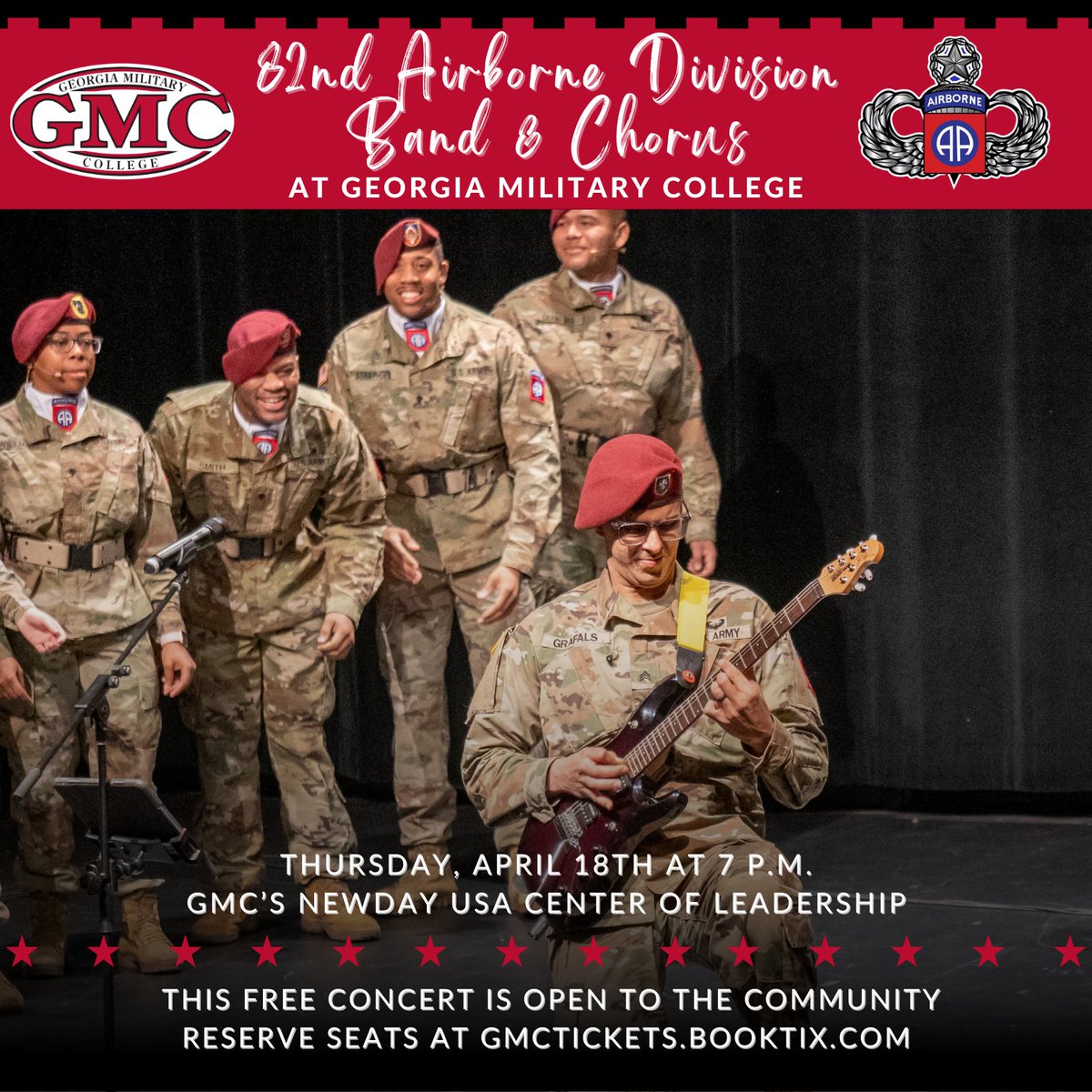 Experience musical talent with the renowned 82nd Airborne Division Band & Chorus! 🎶 Mark your calendars for Thursday, April 18th, 7 p.m. at Georgia Military College's NewDay USA Center of Leadership.