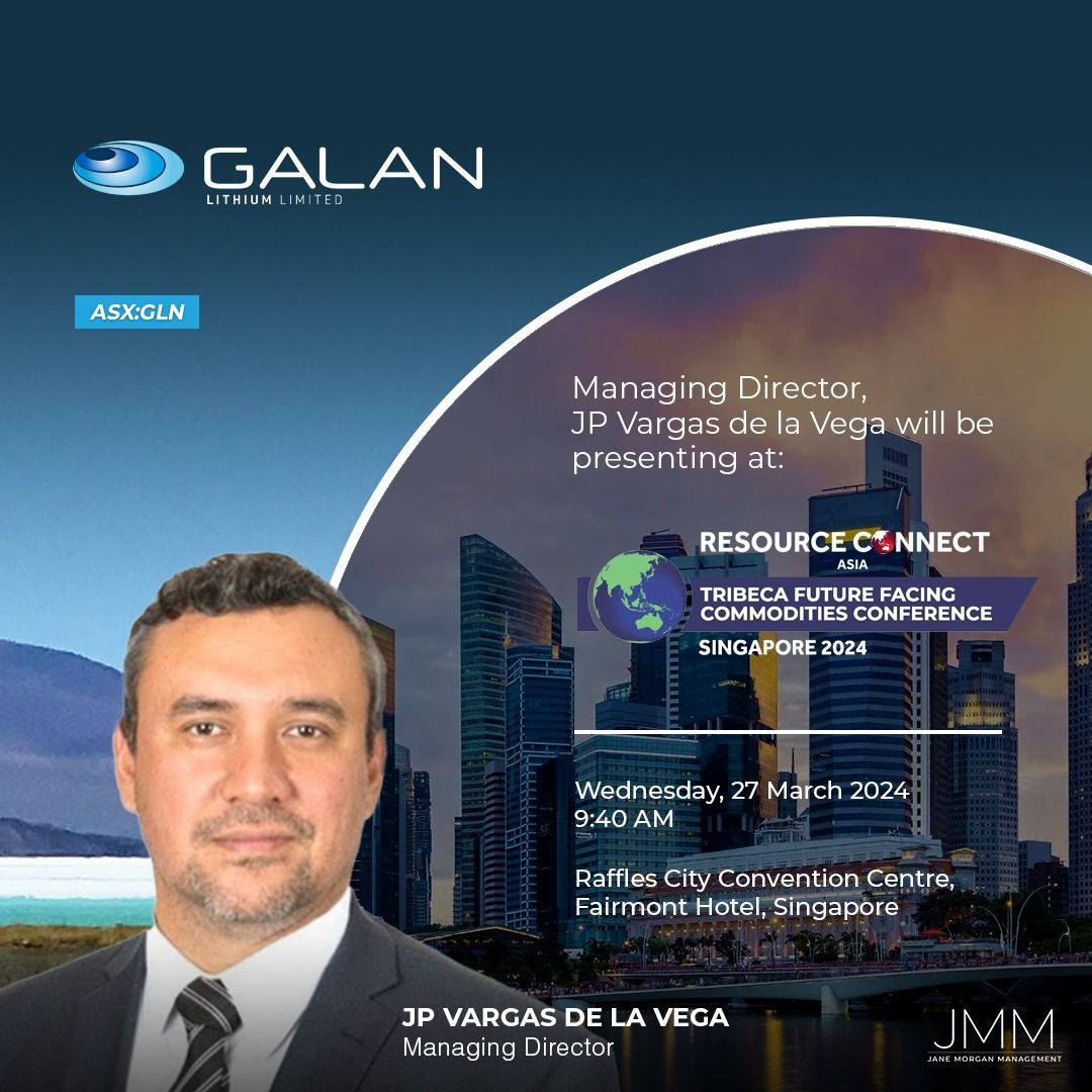 Galan Lithium's Managing Director Juan Pablo Vargas de la Vega is pleased to be presenting at the upcoming Resource Connect Asia @Tribeca Future Facing Commodities 2024 conference. Register via buff.ly/3ILnQLW $GLN