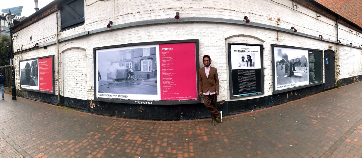 Artist Pogus Caesar and poet Benjamin Zephaniah light the city with photography and rhyme as large posters framing the Handsworth Riots remind passers-by of the importance of compassion, in the light of Brexit.