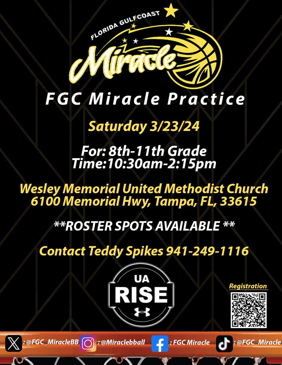 FGC Miracle UA Rise (@fgc_miraclebb) on Twitter photo Roster spots available for our <a href="/RiseCircuit/">UA Rise Circuit</a> teams! Practice will be in the Tampa area this Saturday. Contact <a href="/CoachTeddy_FGC/">Teddy Spikes</a>, <a href="/VicRod2022/">Victor Rodriguez</a>, or <a href="/CoachCed55/">Coach Cedric</a> if interested! Roster spots available for our <a href="/RiseCircuit/">UA Rise Circuit</a> teams! Practice will be in the Tampa area this Saturday. Contact <a href="/CoachTeddy_FGC/">Teddy Spikes</a>, <a href="/VicRod2022/">Victor Rodriguez</a>, or <a href="/CoachCed55/">Coach Cedric</a> if interested!