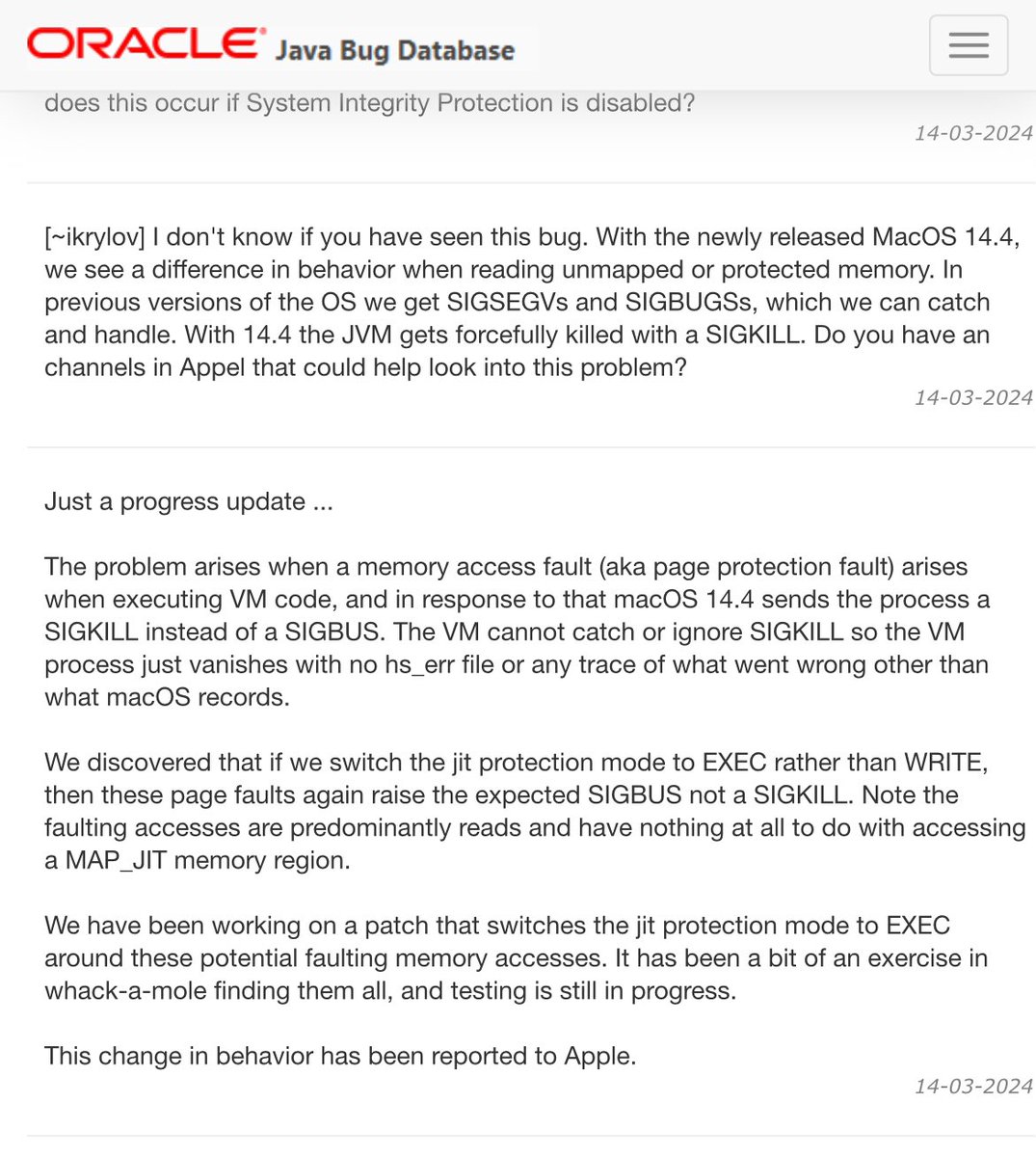 beatnik_t5r's tweet image. 14.4にあげたばかりだよ〜
使ってるツール類が死なない事を祈ります。

で、ここ読むと不必要なWRITEモードでアクセスするJITのお作法が悪いとも言えるのかもしれないし、14.4のバグの可能性もあるのかなぁ

#SIGKILL

bugs.java.com/bugdatabase/vi…