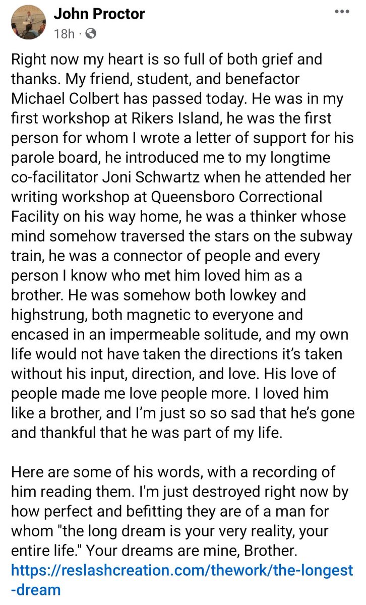 <a href="/reslashcreation/">Re/Creation</a> Sharing my soul brother <a href="/johnproc/">John Proctor</a>'s words about our dear Mike C.:

"He was a thinker whose mind somehow traversed the stars on the subway train, he was a connector of people whom every person I know who met him loved as a brother."